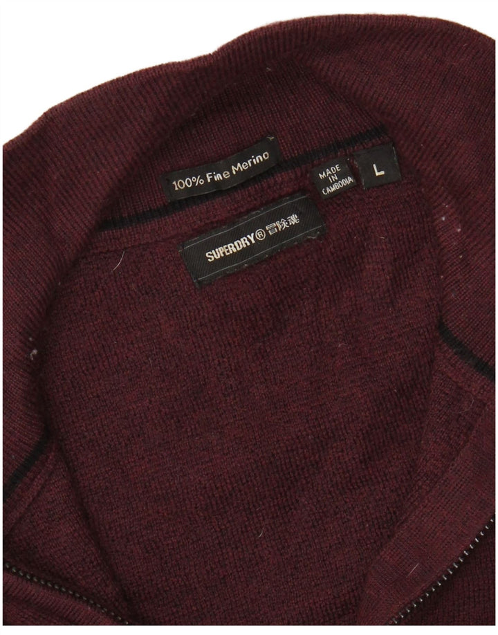 SUPERDRY Womens Zip Neck Jumper Sweater UK 16 Large Burgundy Merino Wool