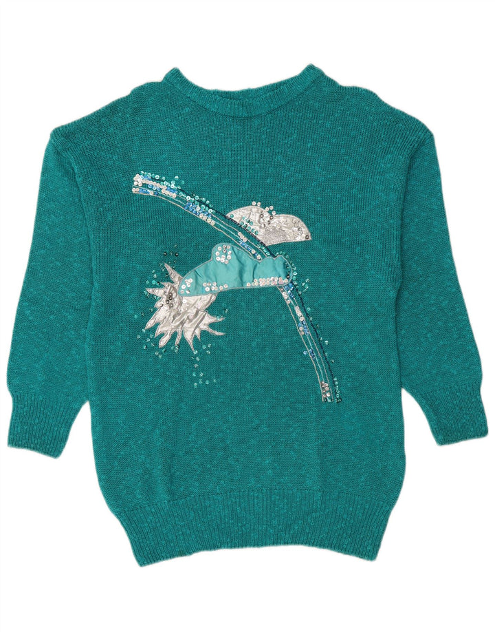 VINTAGE Womens Boat Neck Jumper Sweater EU 36 Small Turquoise Flecked