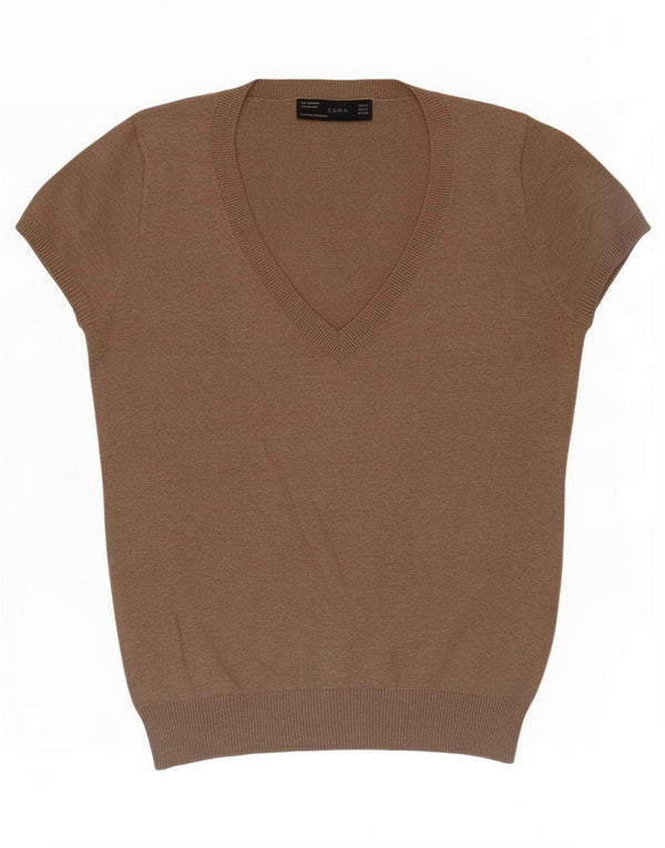 Zara Womens Short Sleeve V-Neck Jumper Sweater UK 12 Medium Brown Cotton