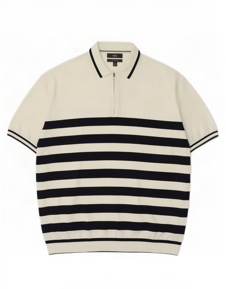 Marks & Spencer Mens Polo Neck Jumper Sweater 2XL White Striped