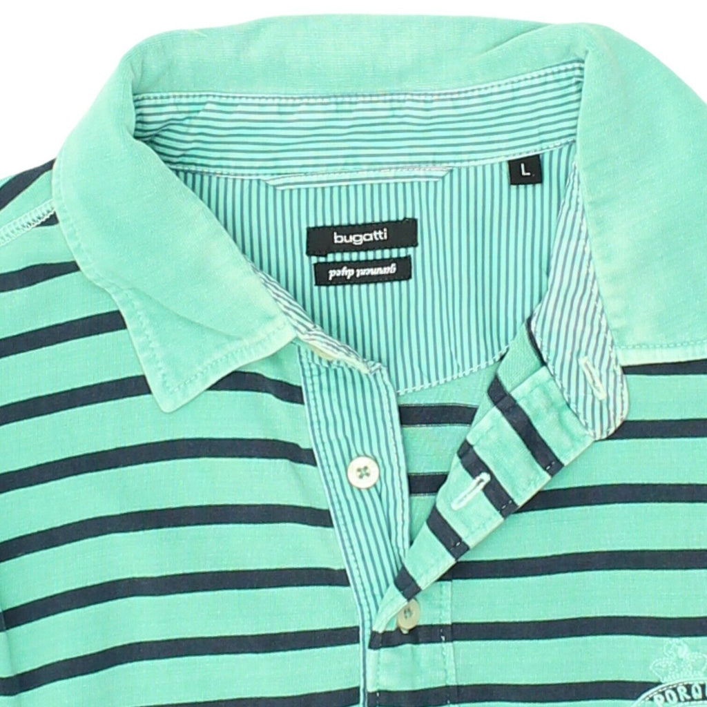 Bugatti Mens Green Striped Long Sleeve Polo Shirt | Vintage Casual Designer VTG | Vintage Messina Hembry | Thrift | Second-Hand Messina Hembry | Used Clothing | Messina Hembry 