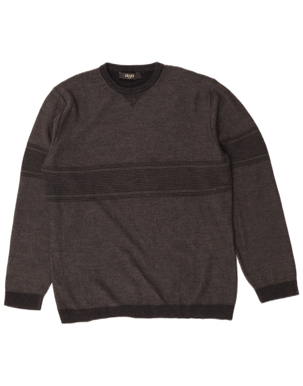 Liu Jo Boys Crew Neck Jumper Sweater 15-16 Years 2XL Grey Striped Acrylic