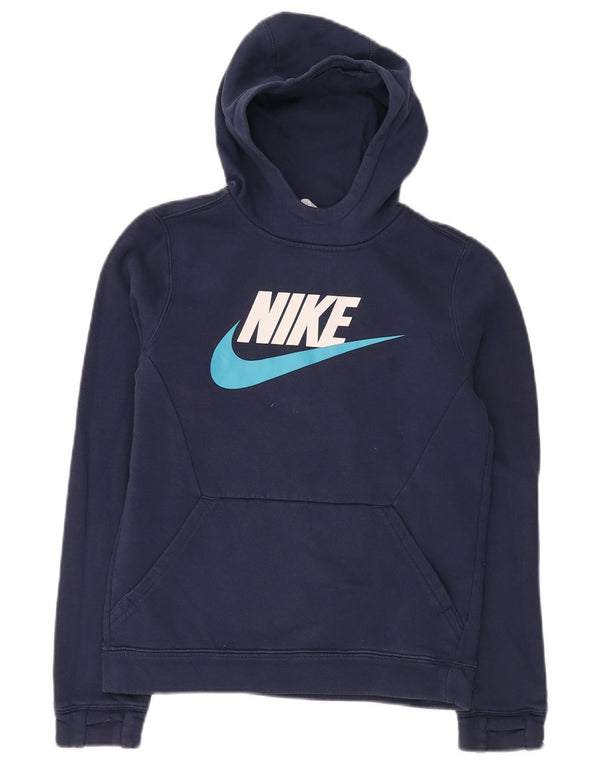 NIKE Boys Graphic Hoodie Jumper 12-13 Years Large Navy Blue Cotton