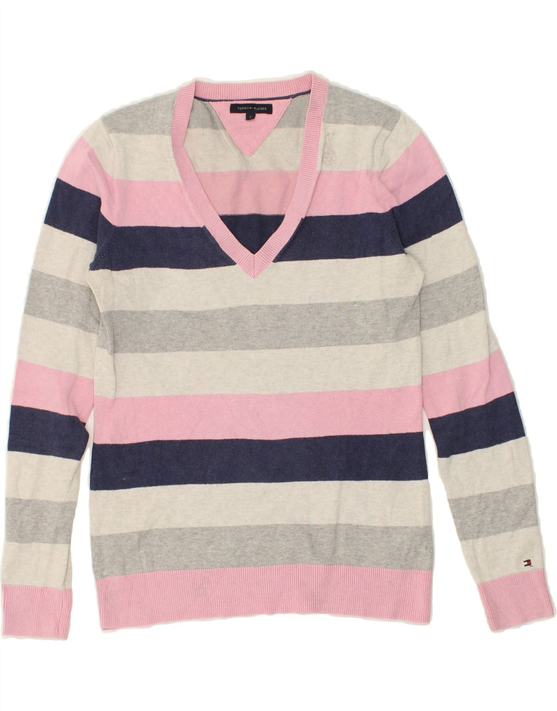 TOMMY HILFIGER Womens V-Neck Jumper Sweater UK 10 Small Pink Striped | Vintage Tommy Hilfiger | Thrift | Second-Hand Tommy Hilfiger | Used Clothing | Messina Hembry 