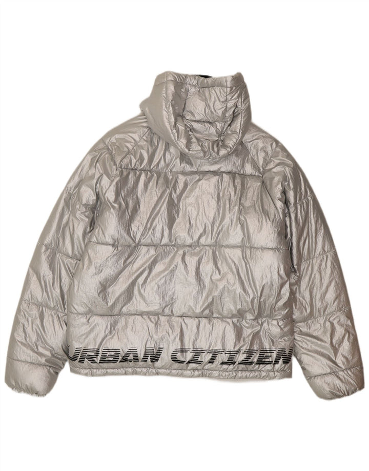 Zara Womens Oversized Graphic Hooded Padded Jacket EU 38 Small Silver Nylon