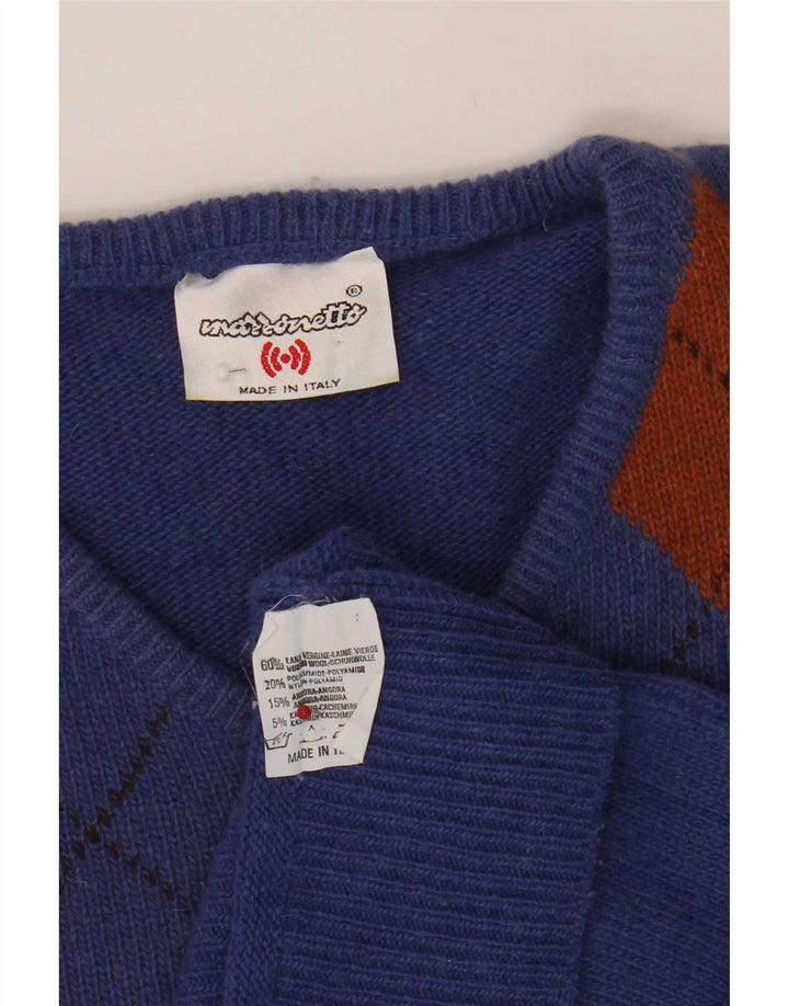 Mazzonetto Womens V-Neck Jumper Sweater UK 12 Medium Blue Argyle/Diamond