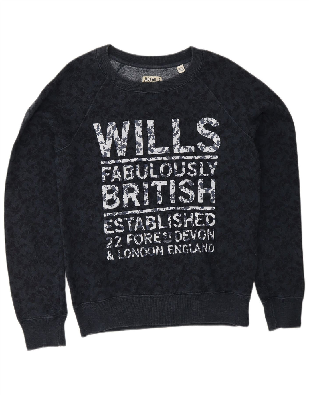 JACK WILLS Womens Graphic Sweatshirt Jumper UK 8 Small Navy Blue Floral