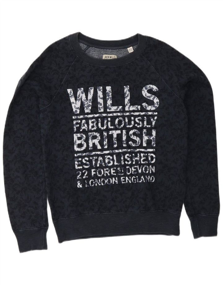 JACK WILLS Womens Graphic Sweatshirt Jumper UK 8 Small Navy Blue Floral