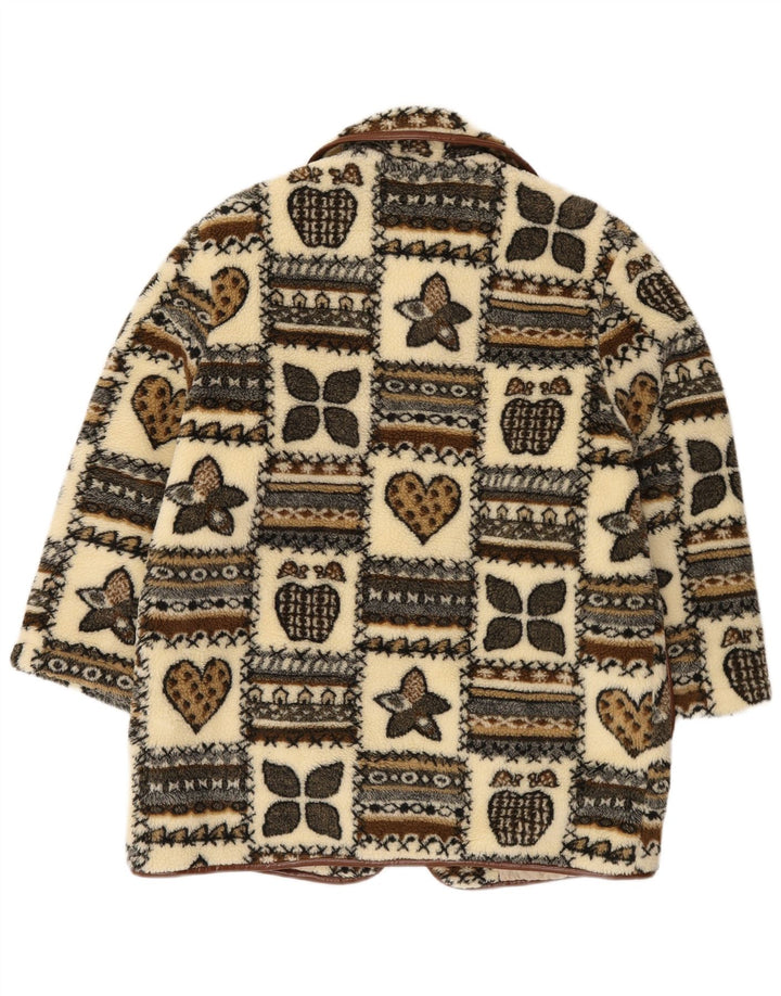 Vintage Womens Graphic Fleece Duffle Coat UK 14 Large Beige Patchwork