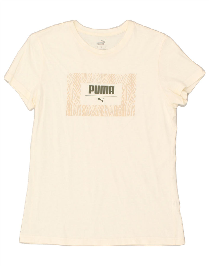 PUMA Womens Graphic T-Shirt Top UK 10 Small Off White Cotton | Vintage Puma | Thrift | Second-Hand Puma | Used Clothing | Messina Hembry 