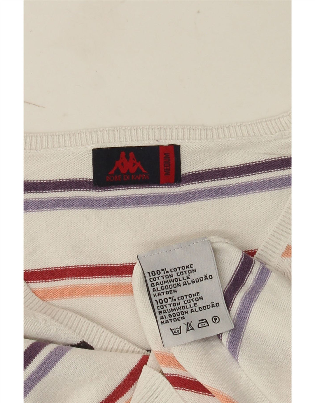 Kappa Womens V-Neck Jumper Sweater UK 14 Medium White Striped Cotton