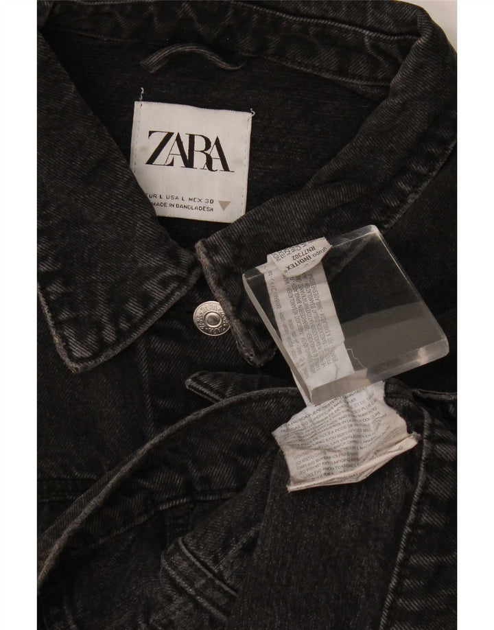 Zara Womens Crop Denim Jacket UK 16 Large Black Cotton