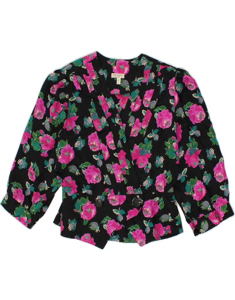 VINTAGE Womens 3/4 Sleeve Blazer Jacket UK 14 Medium Black Floral Vintage Vintage and Second-Hand Vintage from Messina Hembry 