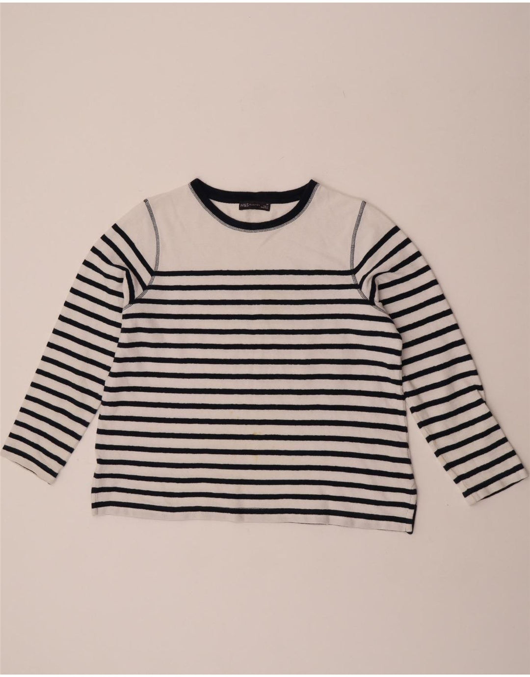 Marks & Spencer Womens Crew Neck Jumper Sweater UK 14 Large White Striped
