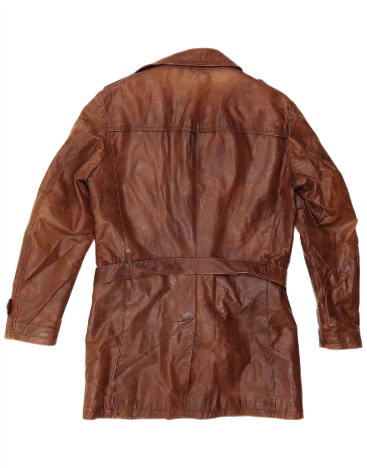 VINTAGE Mens Double Breasted Military Leather Coat IT 50 Large Brown