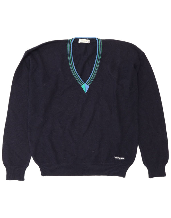 Vintage Mens V-Neck Jumper Sweater IT 50 Medium Navy Blue Wool