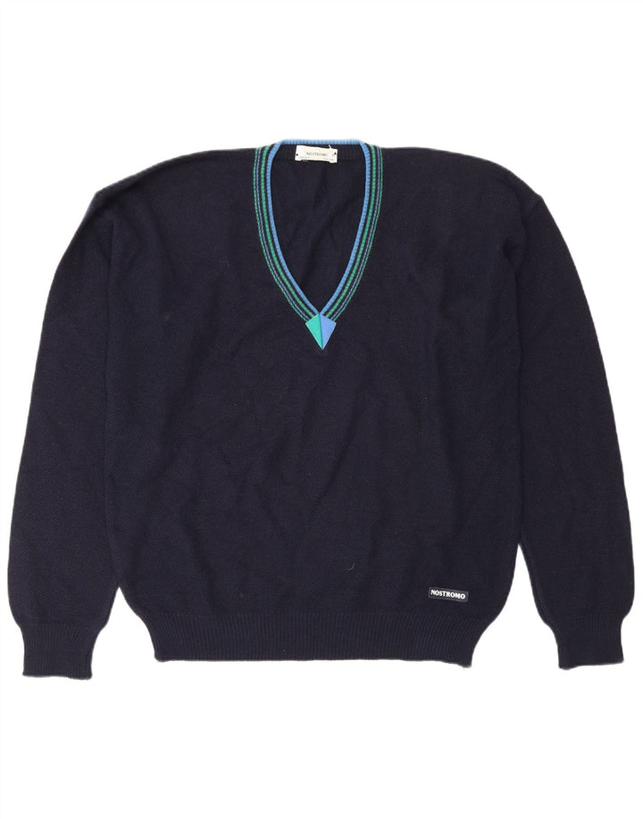 Vintage Mens V-Neck Jumper Sweater IT 50 Medium Navy Blue Wool