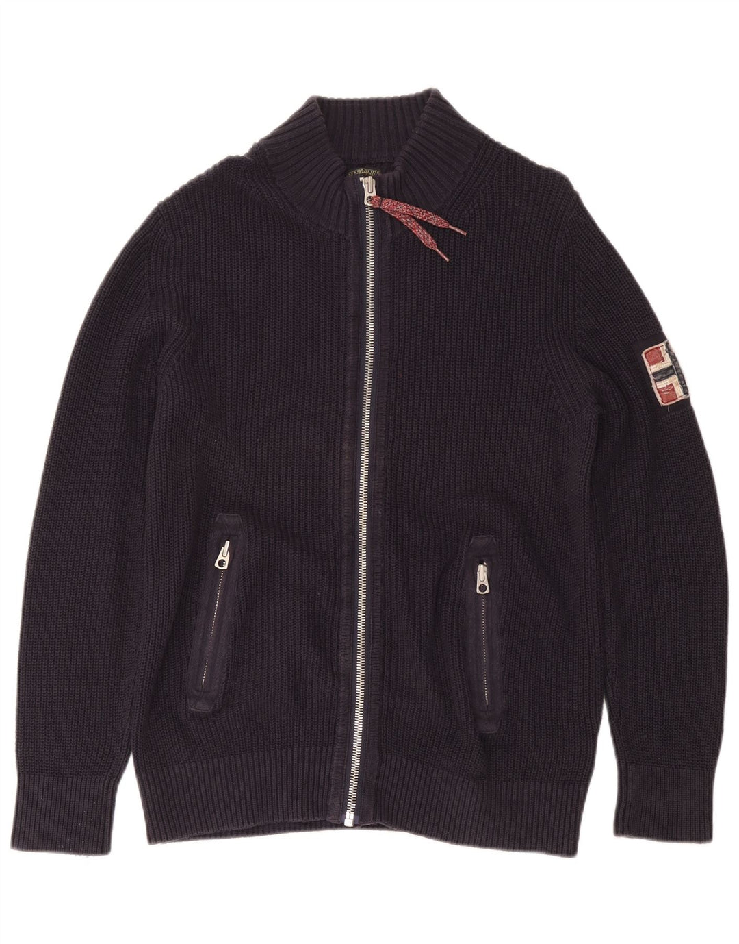 NAPAPIJRI Mens Geographic Cardigan Sweater Large Navy Blue Cotton