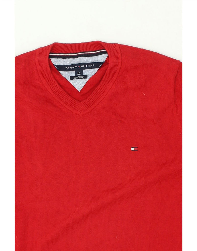 TOMMY HILFIGER Mens V-Neck Jumper Sweater Small Red Cotton | Vintage Tommy Hilfiger | Thrift | Second-Hand Tommy Hilfiger | Used Clothing | Messina Hembry 