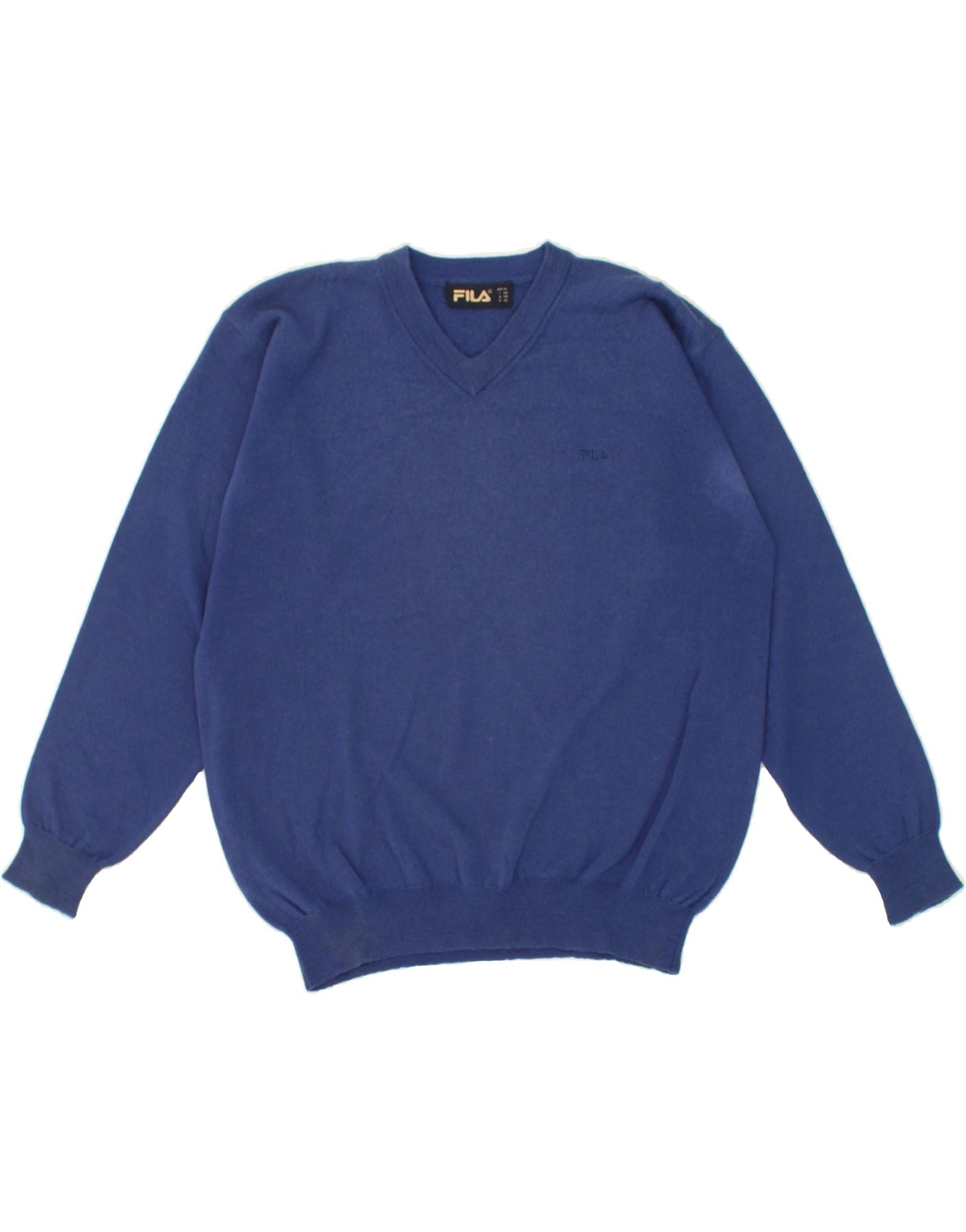 FILA Mens V-Neck Jumper Sweater IT 50 Medium Blue Wool Vintage
