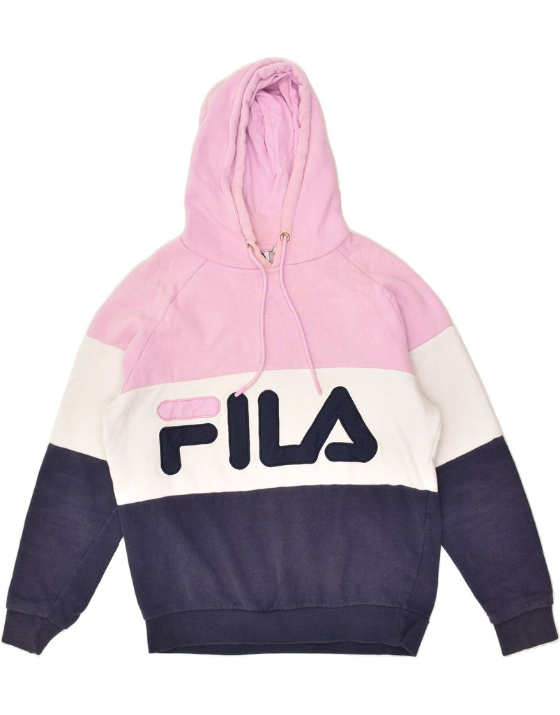 FILA Womens Graphic Hoodie Jumper UK 10 Small Pink Colourblock Cotton | Vintage Fila | Thrift | Second-Hand Fila | Used Clothing | Messina Hembry 