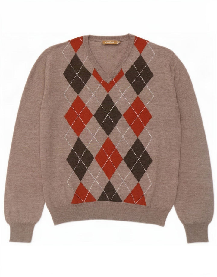 Conbipel Mens V-Neck Jumper Sweater XL Grey Argyle/Diamond Wool