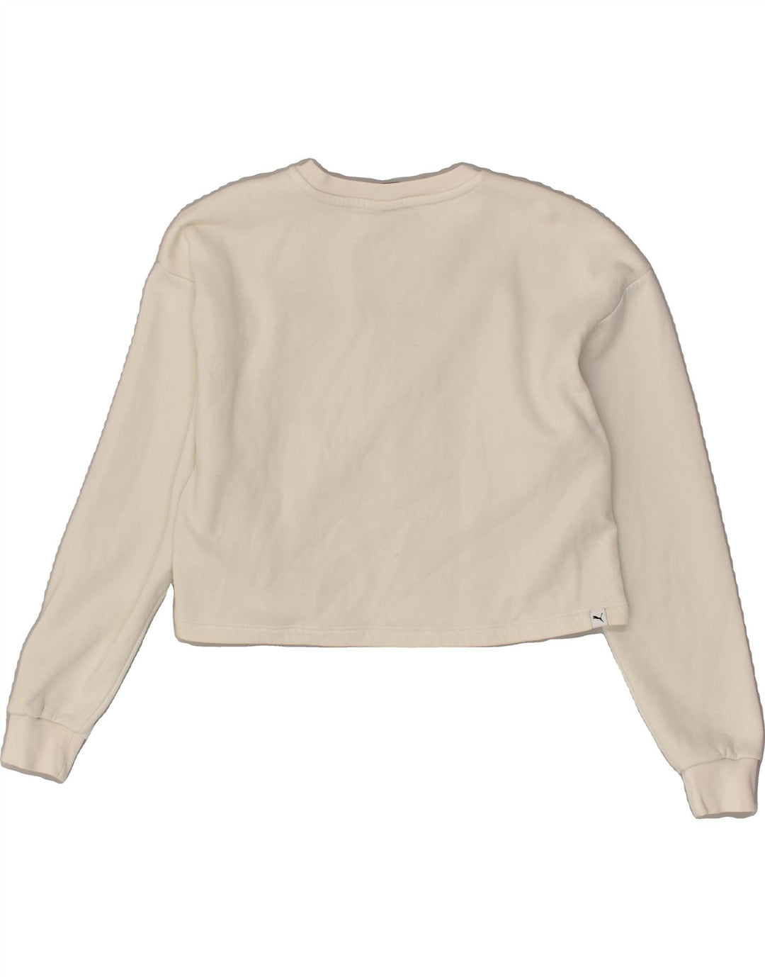 PUMA Womens Graphic Crop Sweatshirt Jumper UK 12 Medium Off White Cotton | Vintage Puma | Thrift | Second-Hand Puma | Used Clothing | Messina Hembry 
