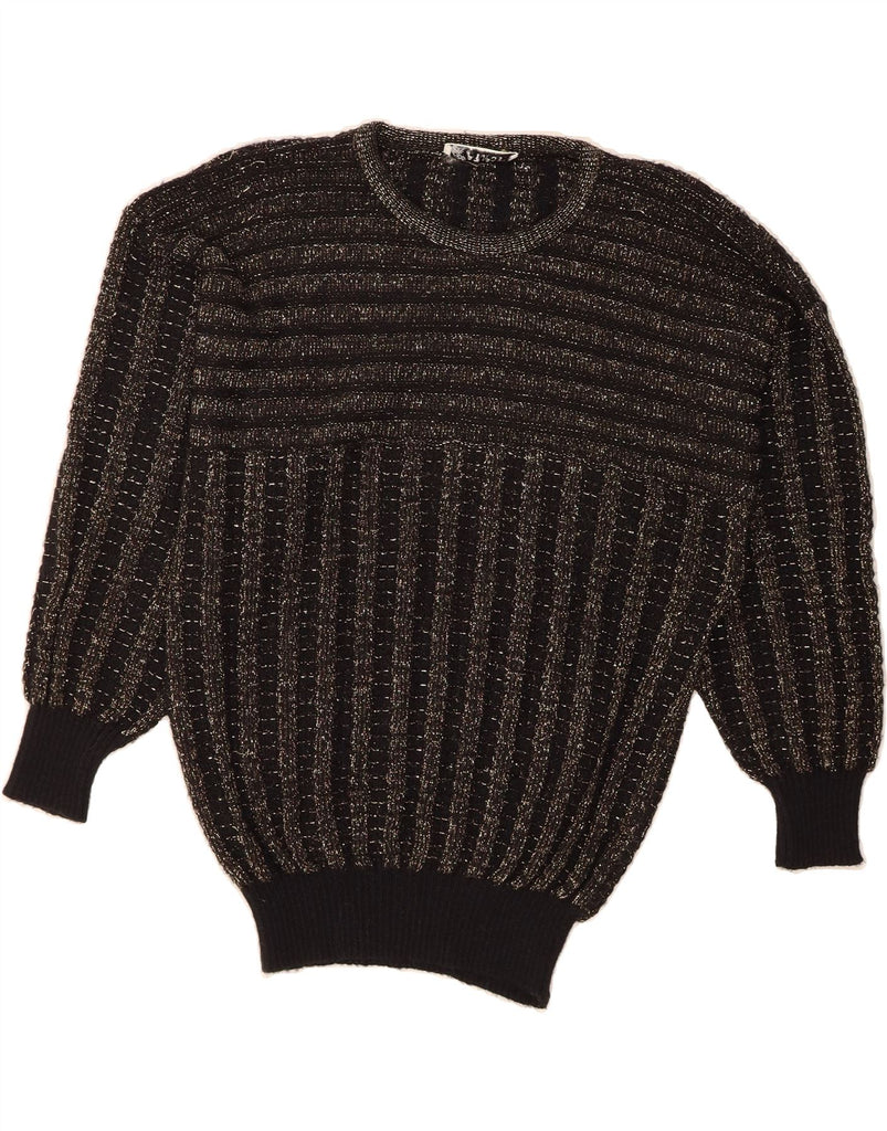 VINTAGE Womens Crew Neck Jumper Sweater UK 16 Large Black Striped Acrylic Vintage Vintage and Second-Hand Vintage from Messina Hembry 