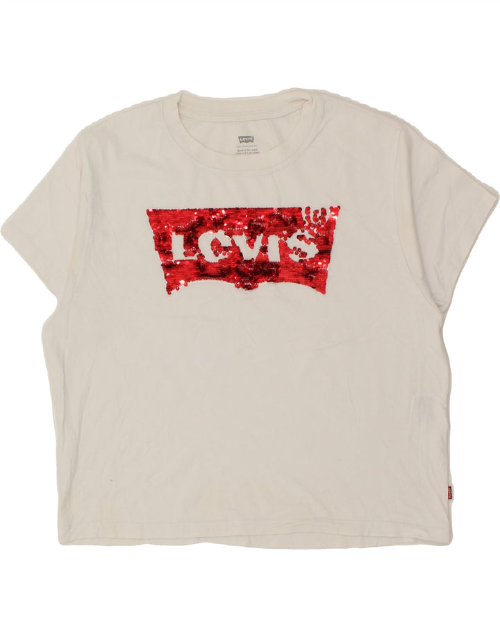 LEVI'S Womens Crop Oversized Graphic T-Shirt Top UK 10 Small White Vintage Levi's and Second-Hand Levi's from Messina Hembry 