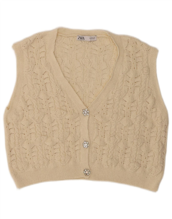 ZARA Womens Crop Sleeveless Cardigan Sweater UK 14 Medium Beige Polyester
