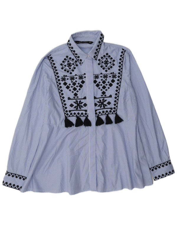 Zara Womens Shirt Blouse UK 14 Medium Blue Pinstripe Polyester