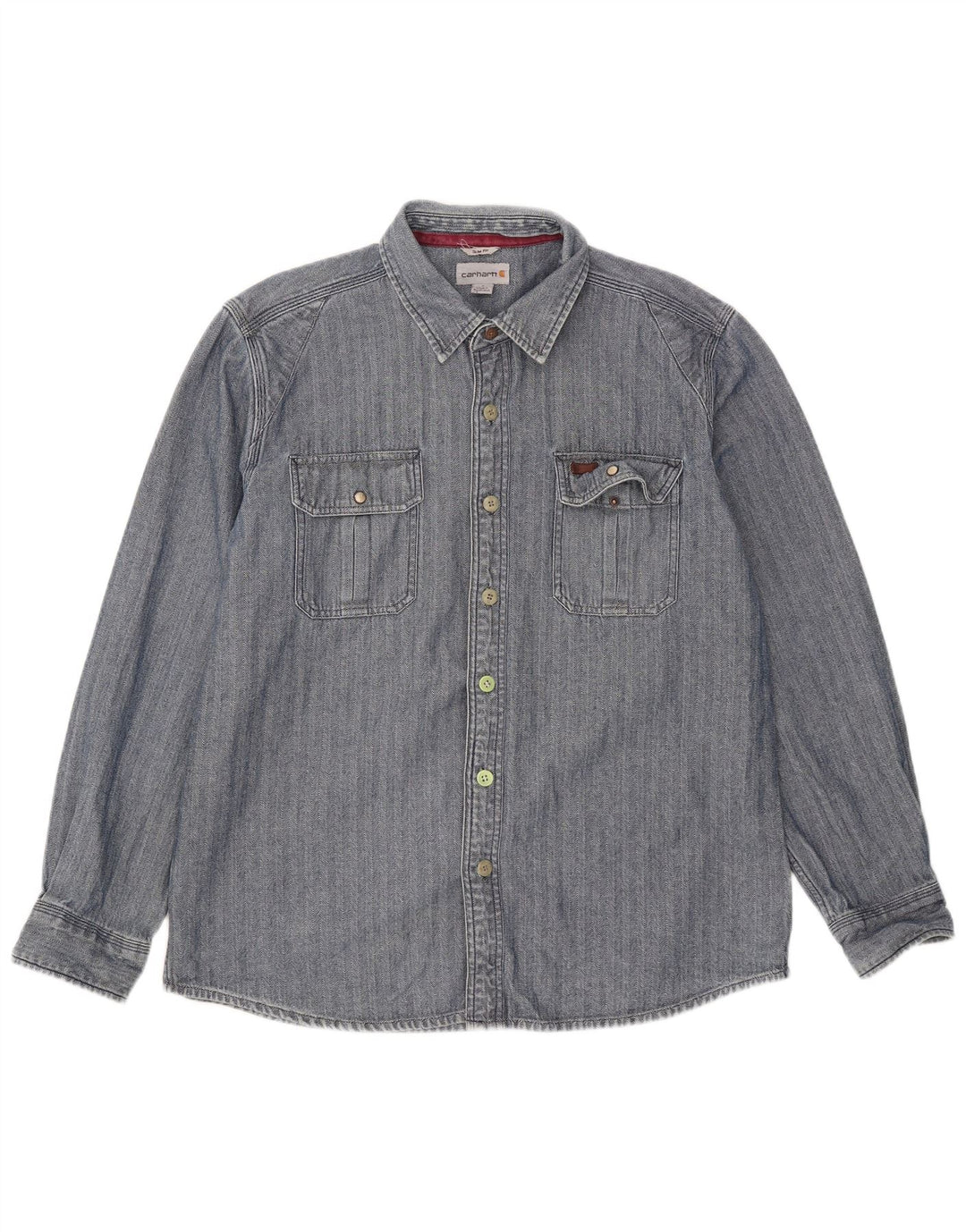Carhartt Mens Slim Fit Shirt Large Blue Herringbone Cotton