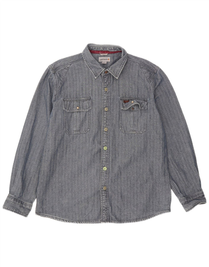 Carhartt Mens Slim Fit Shirt Large Blue Herringbone Cotton