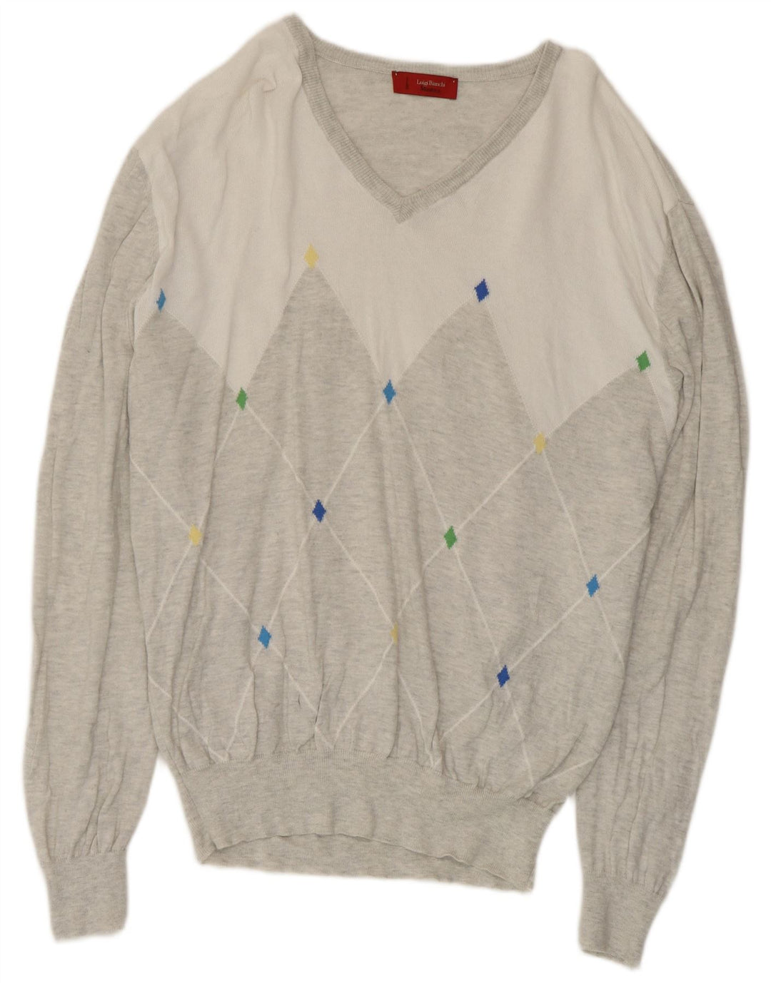 Luigi Bianchi Mens V-Neck Jumper Sweater Medium Grey Argyle/Diamond Cotton