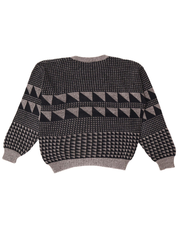 Vintage Mens Crew Neck Jumper Sweater Large Grey Geometric