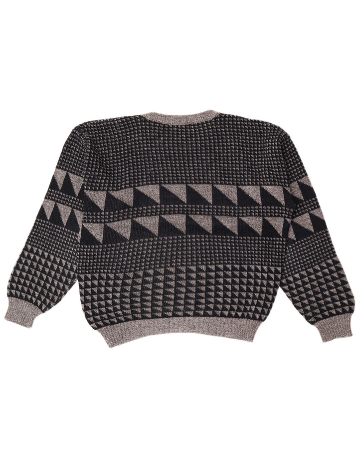 Vintage Mens Crew Neck Jumper Sweater Large Grey Geometric