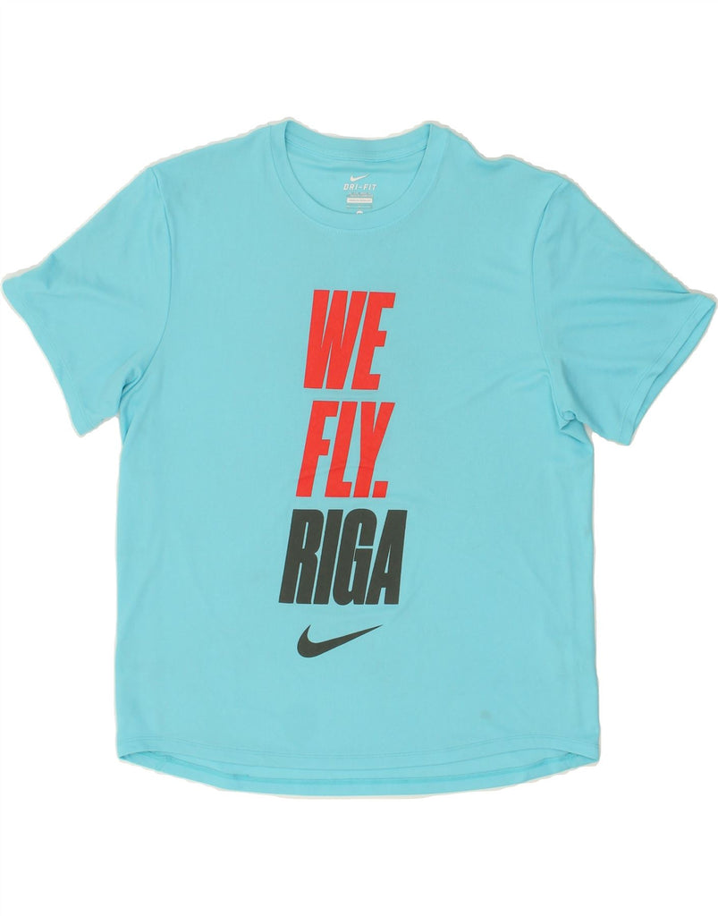 NIKE Womens Dri Fit Graphic T-Shirt Top UK 14 Medium Blue | Vintage Nike | Thrift | Second-Hand Nike | Used Clothing | Messina Hembry 
