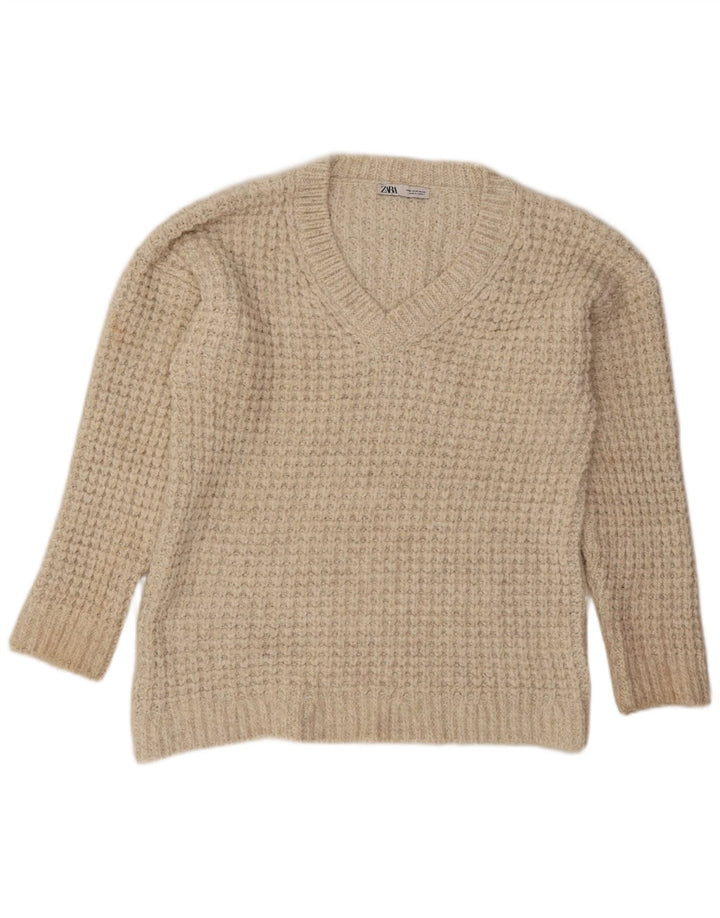 Zara Womens Oversized V-Neck Jumper Sweater UK 14 Medium Beige Acrylic