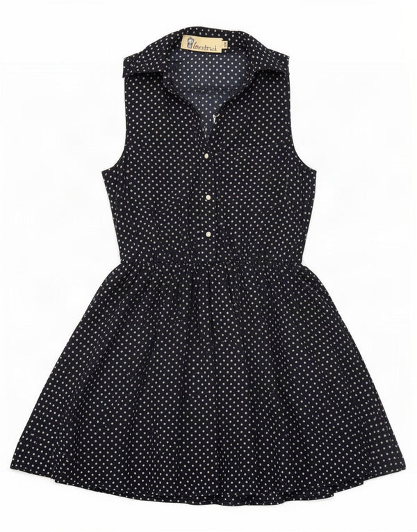 Vintage Womens Sleeveless A-Line Dress UK 10 Small Navy Blue Spotted