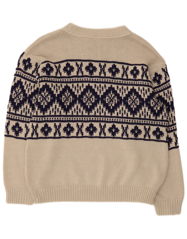 Vintage Mens Boat Neck Jumper Sweater Medium Beige Fair Isle