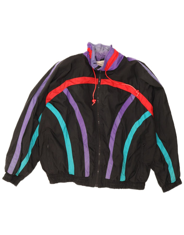 Vintage Mens Loose Fit Tracksuit Top Jacket  Large Black Colourblock Nylon