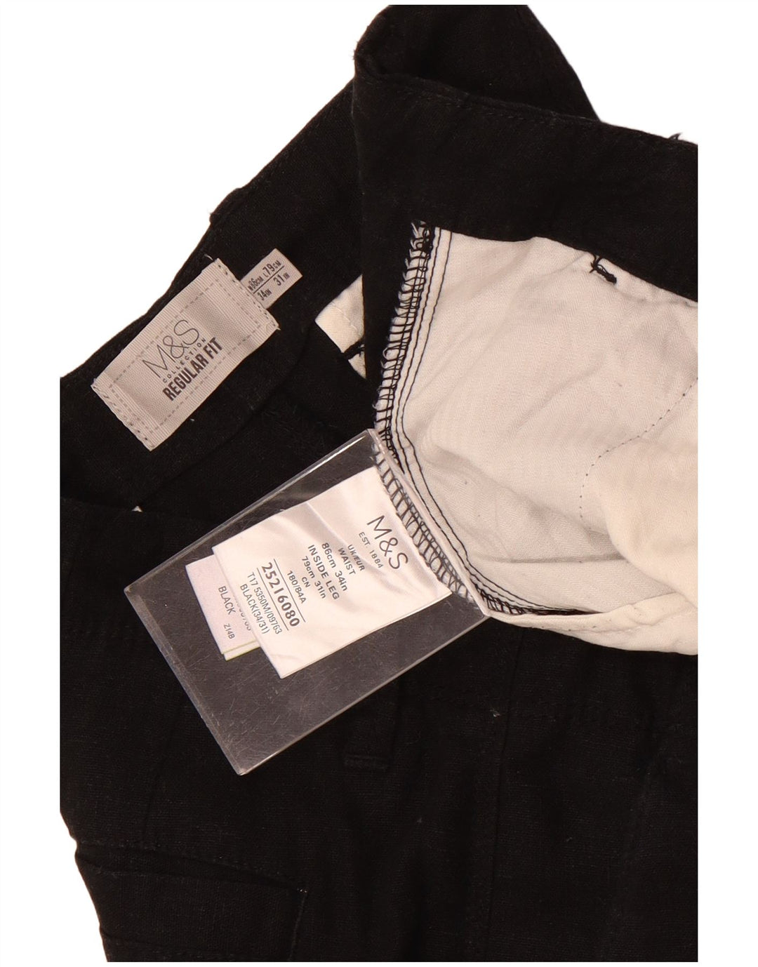 Marks & Spencer Mens Regular Fit Chino Trousers W34 L31 Black Linen