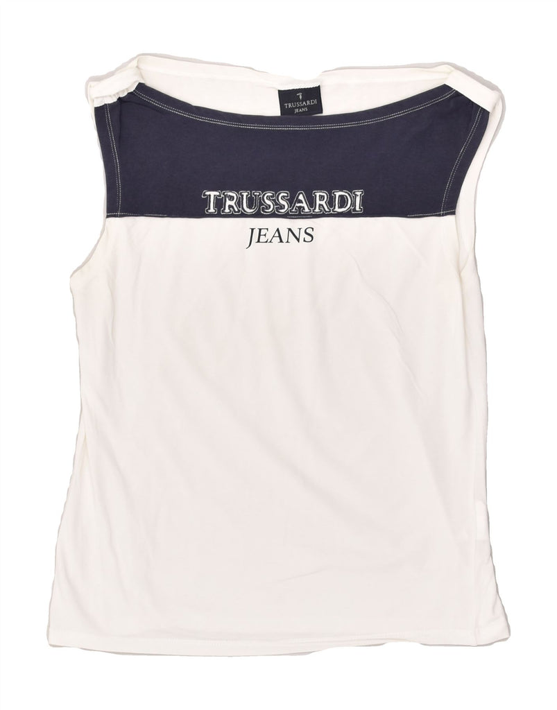 TRUSSARDI Womens Graphic Vest Top UK 12 Medium White Colourblock Cotton | Vintage Trussardi | Thrift | Second-Hand Trussardi | Used Clothing | Messina Hembry 