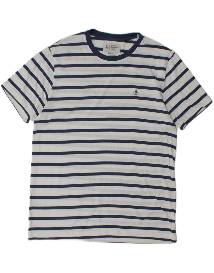 PENGUIN Mens T-Shirt Top Large White Striped Cotton Vintage Penguin and Second-Hand Penguin from Messina Hembry 