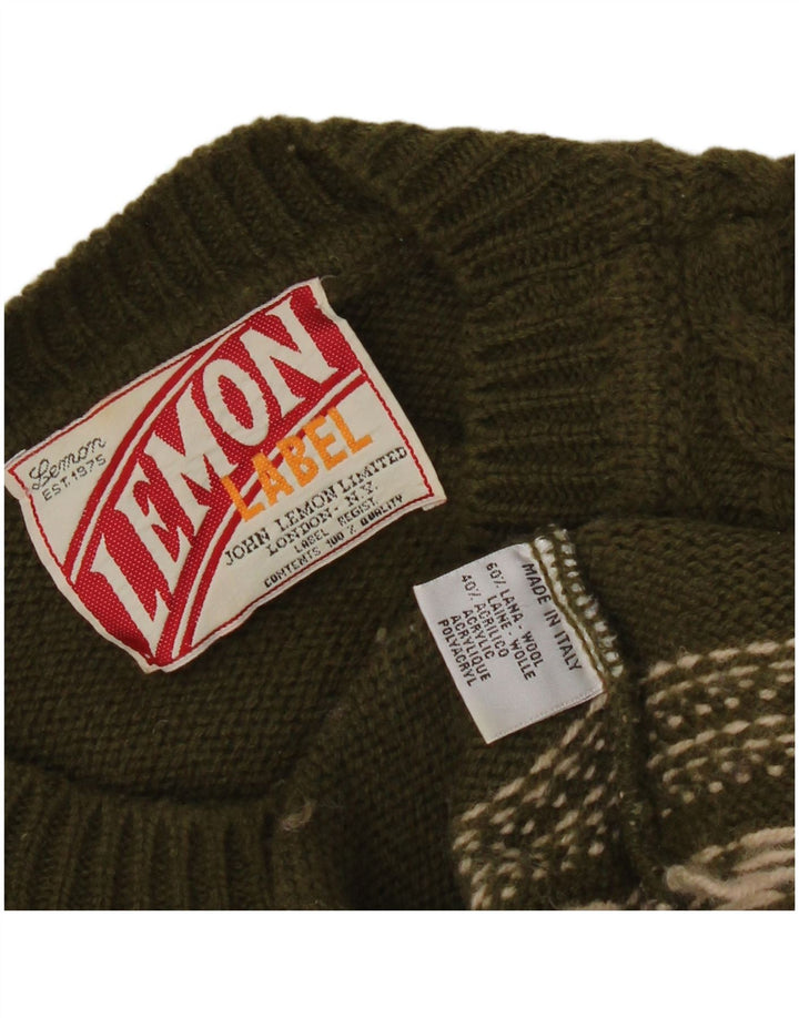 Lemon Mens Crew Neck Jumper Sweater XL Khaki Fair Isle Wool
