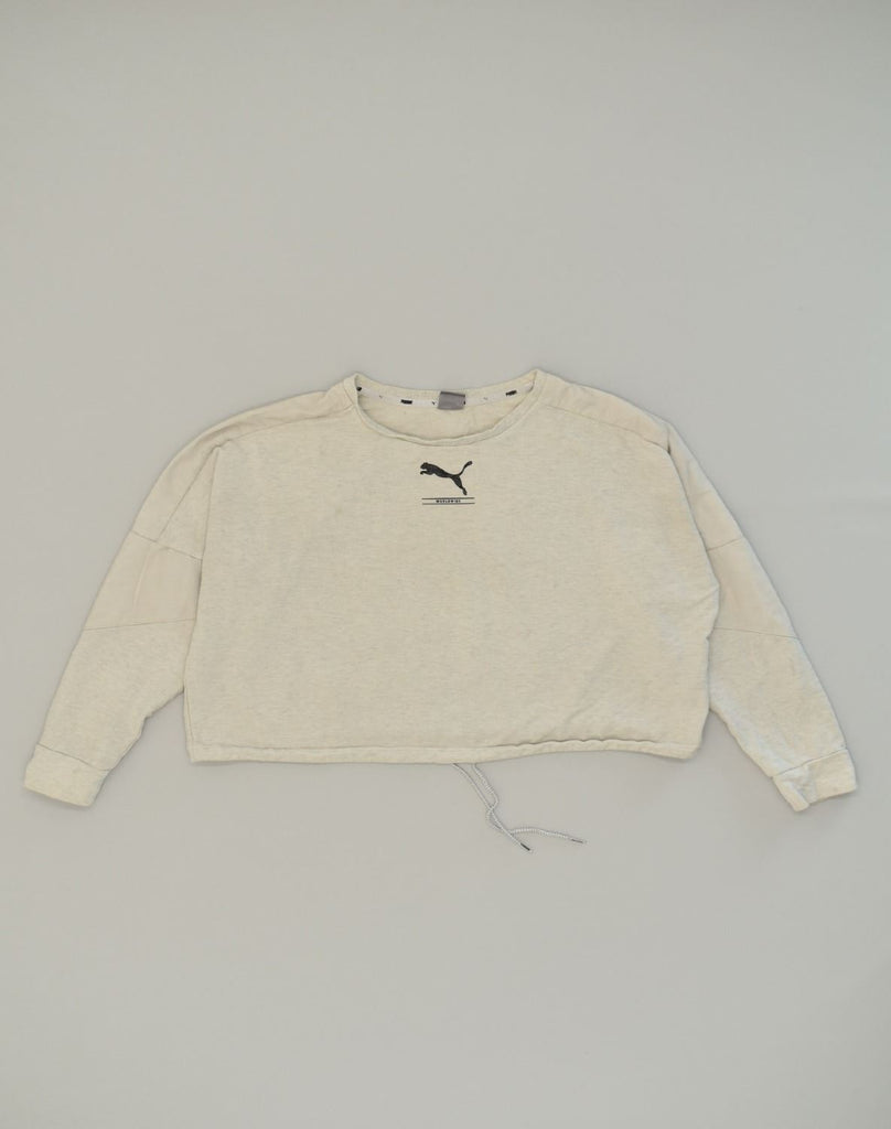 PUMA Womens Oversized Crop Sweatshirt Jumper UK 10 Small Beige Cotton | Vintage Puma | Thrift | Second-Hand Puma | Used Clothing | Messina Hembry 