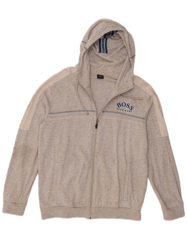 Hugo Boss Mens Graphic Zip Hoodie Sweater 2XL Grey Colourblock Cotton