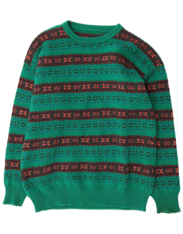 Vintage Mens Crew Neck Jumper Sweater Large Green Fair Isle Wool
