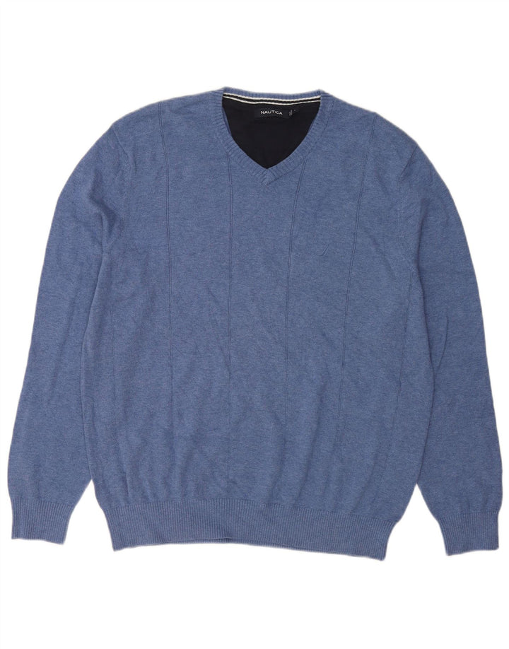Nautica Mens V-Neck Jumper Sweater Large Blue Cotton