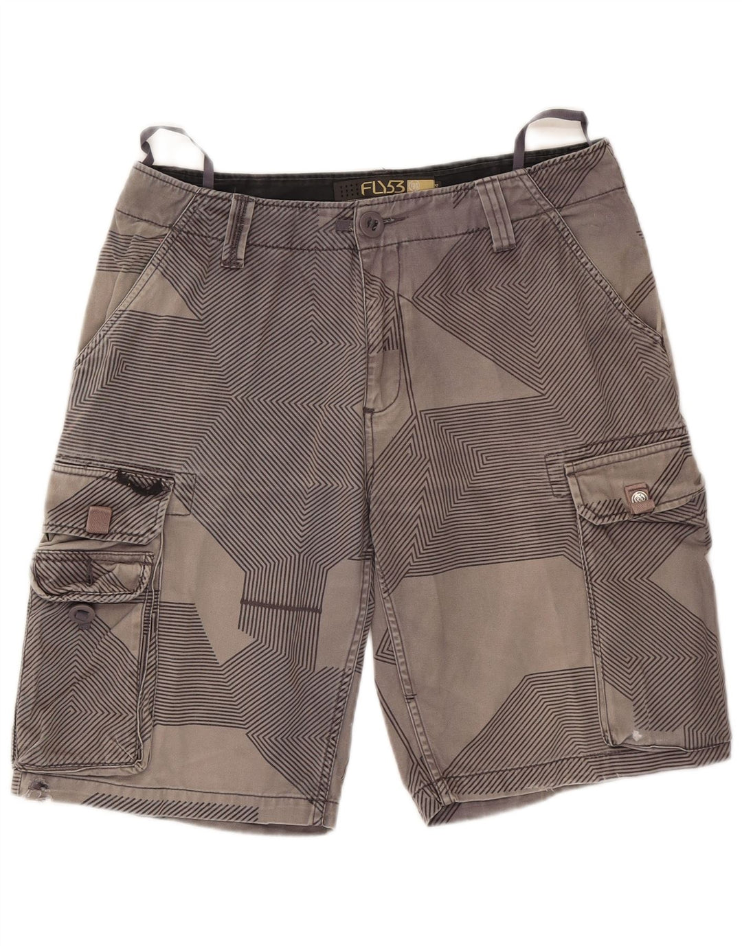 Fly53 Mens Cargo Shorts W34 Large Grey Geometric Cotton